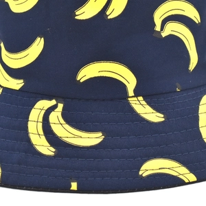 Navy cotton bucket hat featuring yellow banana patterns and reinforced brim stitching