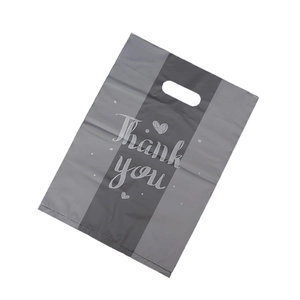 Gray Thank You plastic shopping bag with cutout handle and elegant heart pattern