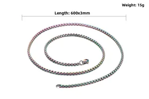 Rainbow plated stainless steel box chain necklace 600x3mm with 15g weight detail
