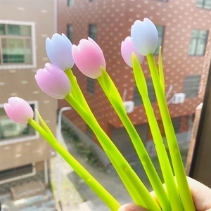 Tulip Flower Shaped Gel Pen Sunlight Color Changing Plastic 0.5mm Black Ink Cute Aesthetic Stationery For Students