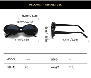 Detailed size parameters for vintage oval sunglasses with 52mm lens width and PC frame