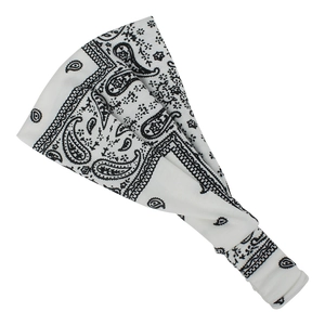 Elastic bohemian paisley print headband for women featuring white and black vintage patterns
