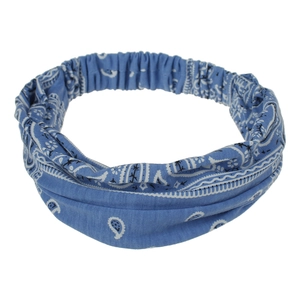 Detail of blue paisley and geometric print elastic headband with ruched back design