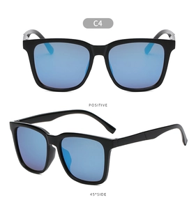 Front and side view of square black frame sunglasses with blue tinted lenses C4