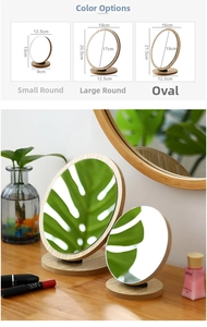 Three sizes of wooden frame desktop mirrors including small, large, and oval shapes