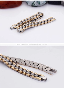 Detail of silver and gold stainless steel watch strap showing polished links and texture
