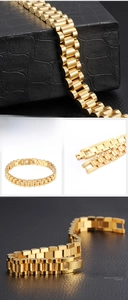 Close-up of 18K gold plated titanium steel watch-style link bracelet with matte finish