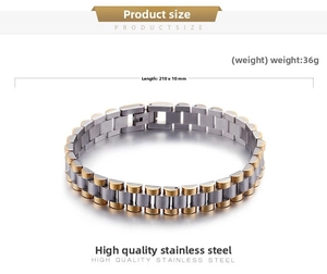Detail view of gold and silver stainless steel bracelet featuring classic watch band link design