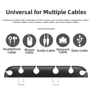 Silicone desktop cable organizer detail showing compatibility with wires up to 7mm diameter