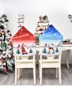 Festive Christmas chair covers featuring Santa and Snowman prints with white pom-poms