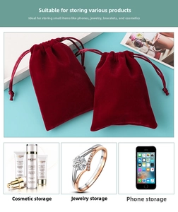 Deep red velvet drawstring pouches shown in various sizes for jewelry and phone storage