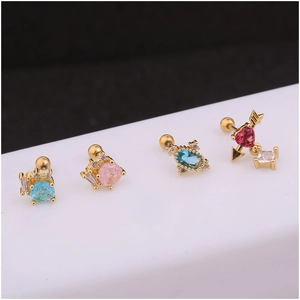 Colorful zircon stud earrings in gold stainless steel with heart and arrow design