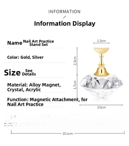Detail view of magnetic nail tip stand set with dimensions on acrylic base for practice