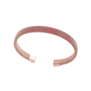 Mesh woven rose gold stainless steel C-shaped open bracelet with polished end caps