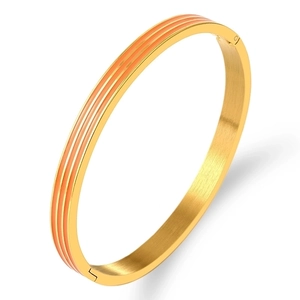 Detail of gold titanium steel bangle showing orange enamel stripes and buckle closure
