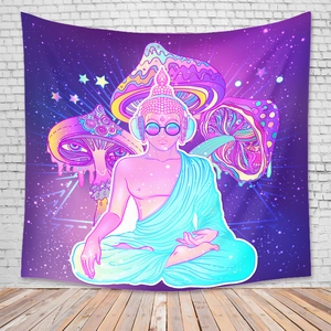 Detailed fabric texture of a psychedelic tapestry featuring a mushroom and Buddha design