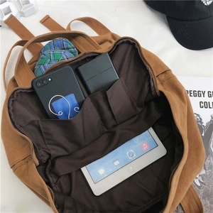 Brown canvas backpack for college students with multi-pocket interior storage