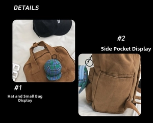 Detail of brown canvas backpack featuring a plaid hat-shaped charm and side water bottle pocket