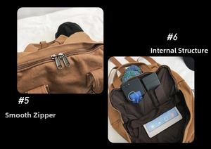 Detail of smooth double metal zippers and organized interior pockets of the canvas backpack