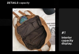 Internal view of a brown canvas backpack showing spacious capacity and functional pockets