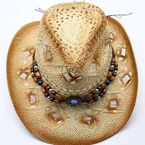 Cappello da cowboy etnico in paglia con perline decorative e dettagli blu