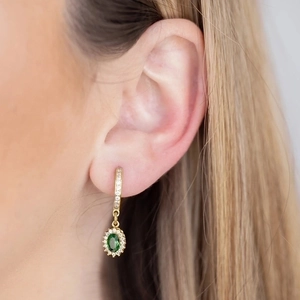 French style gold C-shape earrings with green oval gemstone and white zircon halo