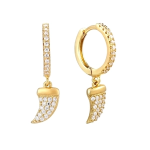 Fashion Copper Zirconia Horn Pendant Hoop Earrings For Women With 925 Sterling Silver Post Wolf Tooth Inlaid Jewelry