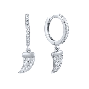 Minimalist S925 silver hoop earrings with zircon-encrusted horn-shaped pendants