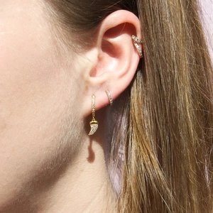 Elegant gold S925 silver needle hoop earrings with cubic zirconia and horn pendant charm