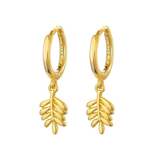 Elegant gold feather earrings with S925 sterling silver stamp on minimalist hoop hooks