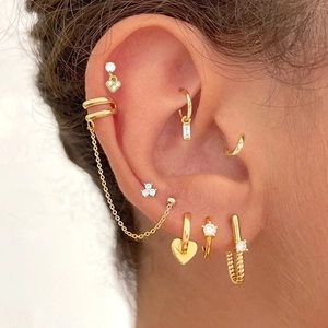 S925 silver needle twisted rope U-shaped earrings set with gold zircon accents