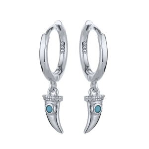 Elegant S925 sterling silver hoop earrings with tusk pendant and blue cubic zirconia