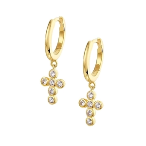 Detail of gold hoop earrings with bezel-set cubic zirconia cross pendants on white background