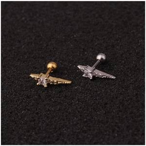Pair of wing-shaped stainless steel stud earrings with zircon inlay in gold and silver