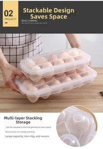 Detail of double-layer clear plastic egg storage box with stackable design and non-slip base