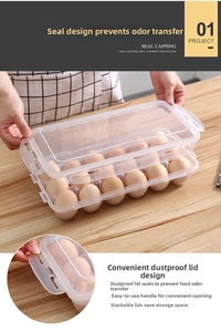 Macro view of egg storage container with sealing lid and internal slots for fridge