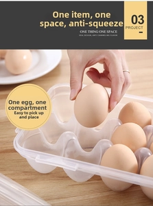Detailed view of placing an egg into a clear plastic storage box with protective grids
