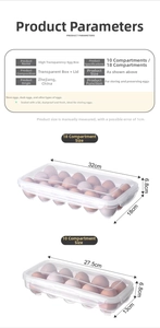 Detailed size chart for 10 and 18-compartment plastic egg storage containers with lids