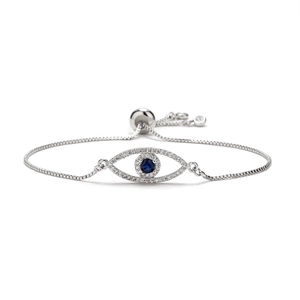 Silver evil eye bracelet with blue zircon inlay and adjustable box chain on white base