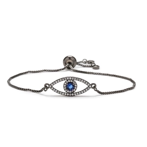 Adjustable gunmetal evil eye bracelet with blue and white cubic zirconia accents