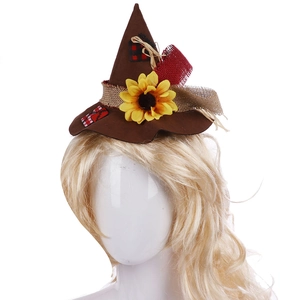 Scarecrow cosplay set featuring a brown felt hat with sunflower and plaid patches