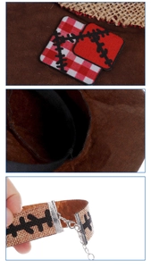 Macro detail of carnival costume set showing brown suede texture and red plaid stitching