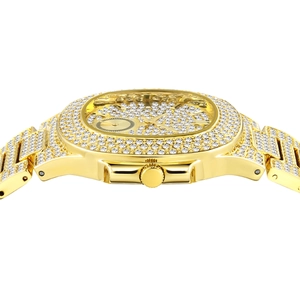 Side view of luxury gold quartz watch featuring full diamond setting and metal band