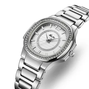 Women's silver quartz watch with diamond bezel and stainless steel link bracelet