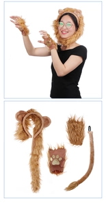 Detail view of plush lion cosplay set with ears headband, claw gloves, and a furry tail