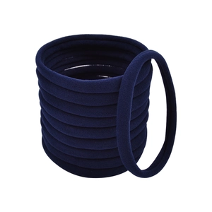 Detailed view of seamless navy blue nylon elastic hair ties set on white background