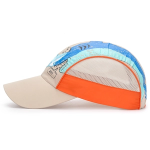 Breathable mesh beige kids sun hat with cute orange trim and cartoon shark pattern