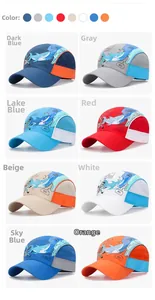 Collage showing eight colorful quick-dry mesh baseball caps with cartoon shark prints