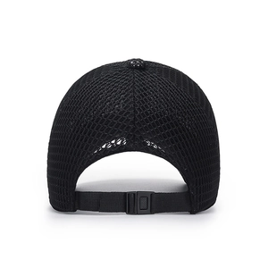 Rear view of black breathable mesh baseball cap with adjustable buckle strap for summer wear