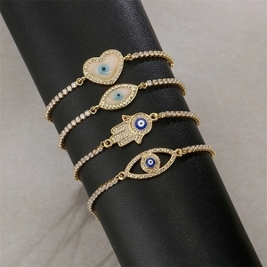 Copper Evil Eye Hamsa Hand Bracelet Gold Plated Micro Pave Zircon Adjustable Fashion Jewelry For Women